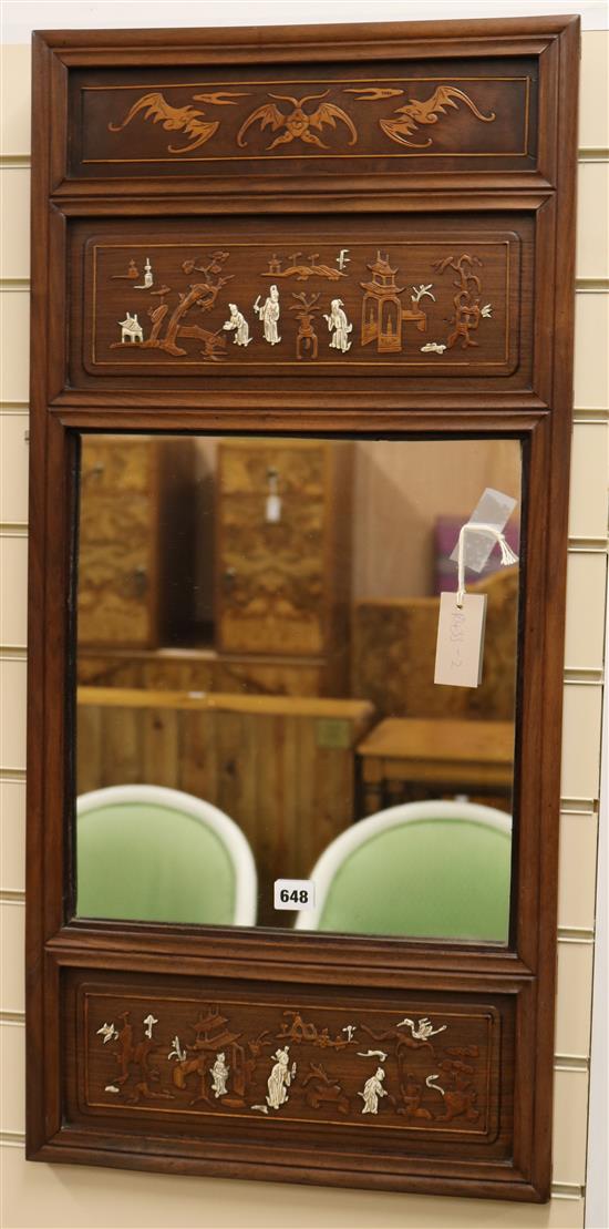 A Chinese rosewood and bone overlaid mirror L.90cm